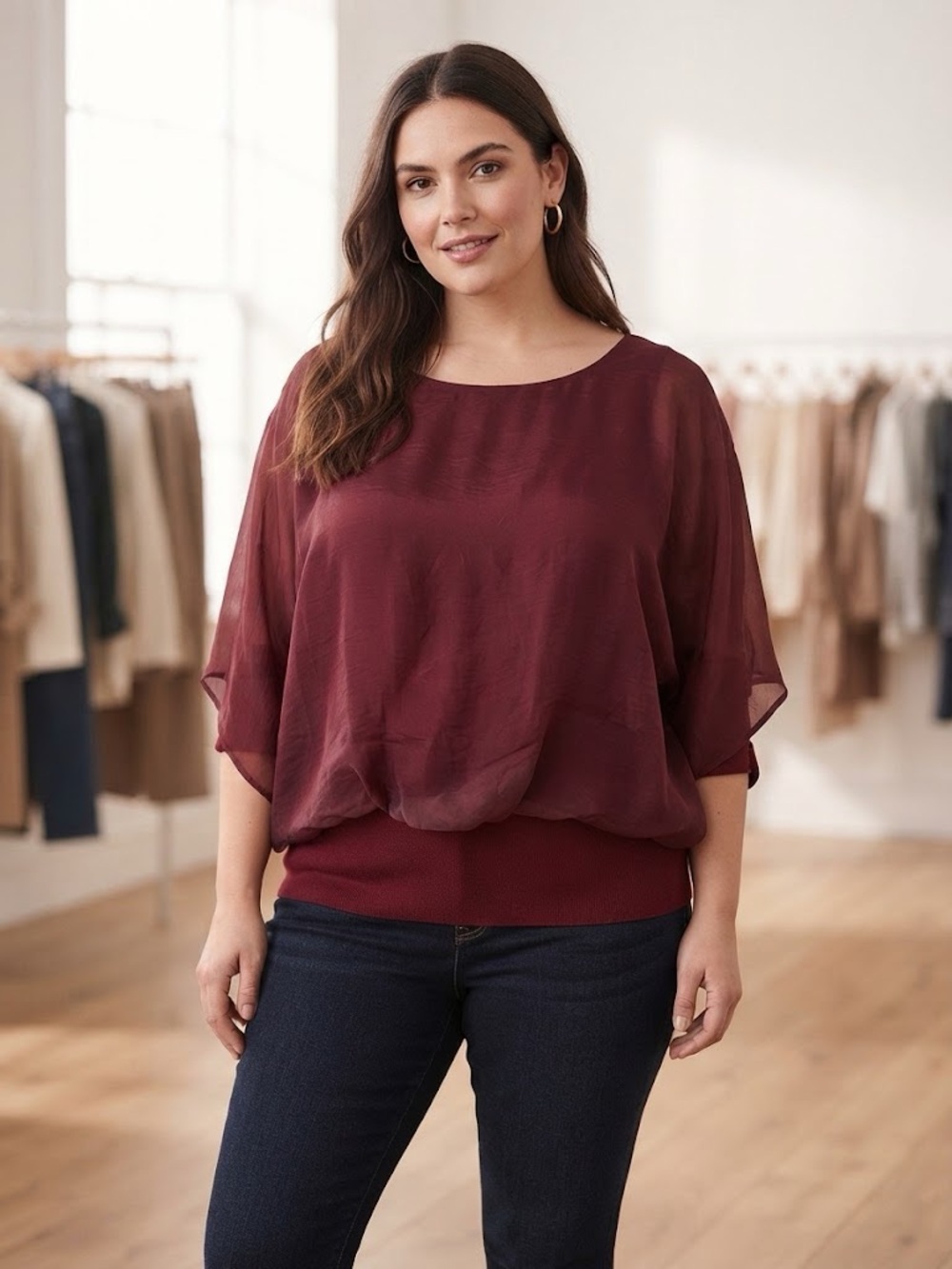 Made in Italy Burgundy Sheer Silk Layered Blouse